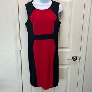 Calvin Klein Red & Black Dress Colorblock Scoop Neck Sleeveless Midi Size